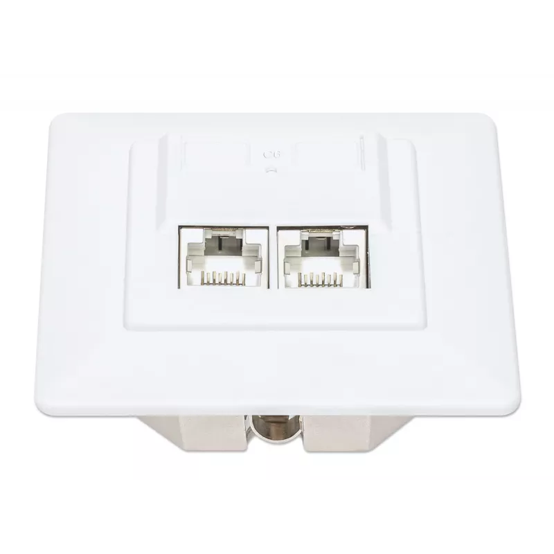 Toma de pared RJ45 Intellinet 2 puertos Cat6 10G apantallada, montaje empotrado con marco embellecedor, STP, Blanco señal RAL9003