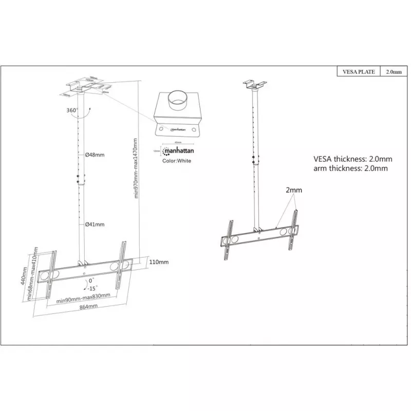 Soporte de techo Manhattan para televisores y monitores, Para pantallas: 37 inch a 75 inch, Altura ajustable: 105-156 cm, Compatibilidad VESA: todas entre 200x200 y 800x400mm - comprueba las dimensiones de los cuatro orificios de montaje en la parte posterior de la pantalla para asegurarte de que encaja, Máx. 50kg, LFD, soporte