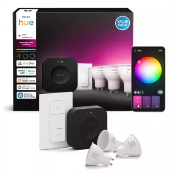 Philips Hue White and Colour Ambience kit de inicio: 3 bombillas GU10 + interruptor regulador + Bridge Pro