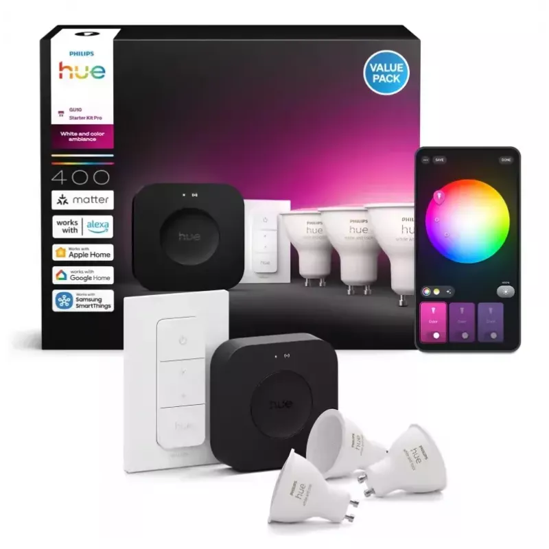 Philips Hue White and Colour Ambience kit de inicio: 3 bombillas GU10 + interruptor regulador + Bridge Pro