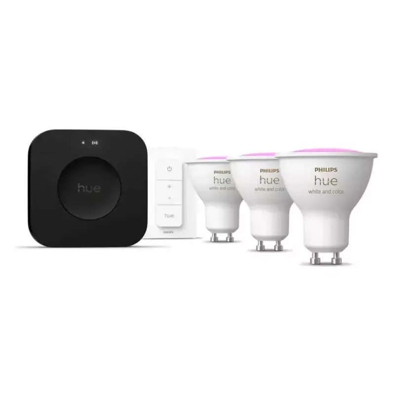 Philips Hue White and Colour Ambience kit de inicio: 3 bombillas GU10 + interruptor regulador + Bridge Pro