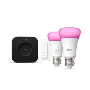 Philips Hue White and colour ambience Starterkit: 2 lámparas inteligentes E27 + interruptor de regulación + Bridge Pro