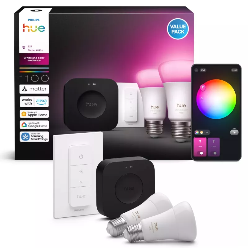 Philips Hue White and colour ambience Starterkit: 2 lámparas inteligentes E27 + interruptor de regulación + Bridge Pro