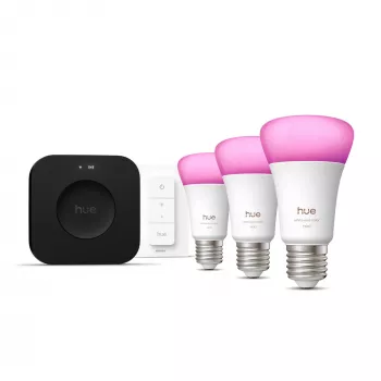 Set de iluminación inteligente Philips Hue White and Colour Ambience Starter Kit — 3 lámparas inteligentes E27, interruptor de regulación, Bridge Pro, Bluetooth/Zigbee