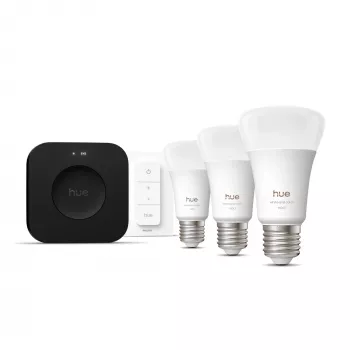 Set de iluminación inteligente Philips Hue White and Colour Ambience Starter Kit — 3 lámparas inteligentes E27, interruptor de regulación, Bridge Pro, Bluetooth/Zigbee