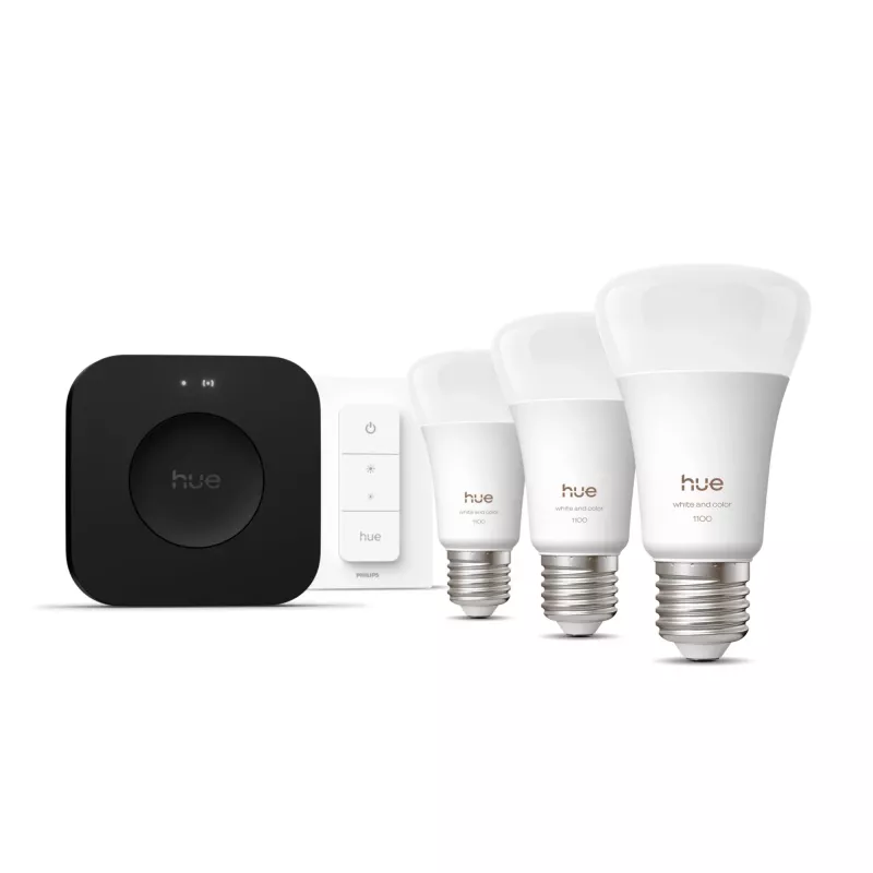 Set de iluminación inteligente Philips Hue White and Colour Ambience Starter Kit — 3 lámparas inteligentes E27, interruptor de regulación, Bridge Pro, Bluetooth/Zigbee