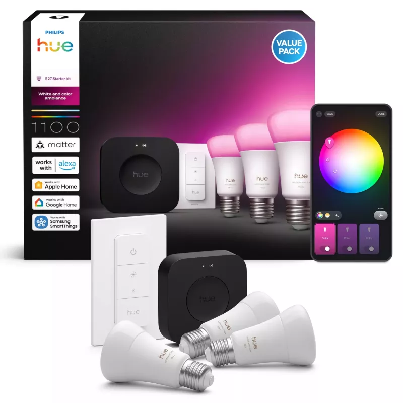 Set de iluminación inteligente Philips Hue White and Colour Ambience Starter Kit — 3 lámparas inteligentes E27, interruptor de regulación, Bridge Pro, Bluetooth/Zigbee