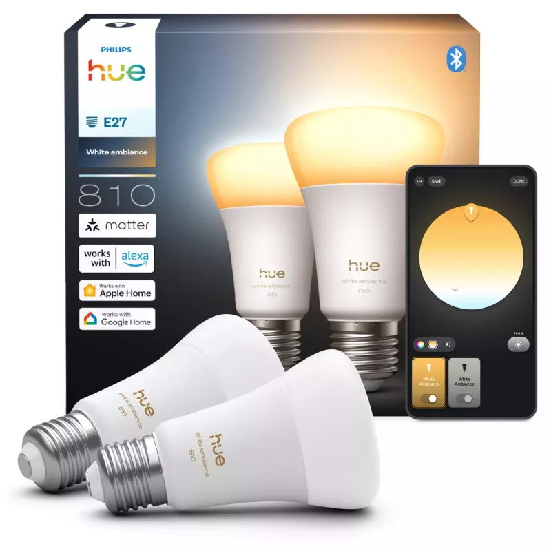 Bombilla inteligente Philips A60 E27 — Bluetooth/Zigbee, 6 W, 810 lm, blanca, pack de 2
