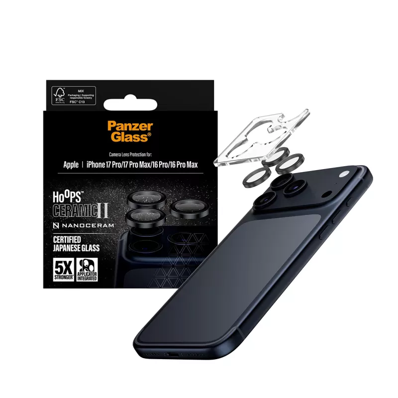 PanzerGlass ® Hoops® Ceramic II Cristal protector de lente de cámara iPhone 17 Pro | iPhone 17 Pro Max | iPhone 16 Pro | 16 Pro Max