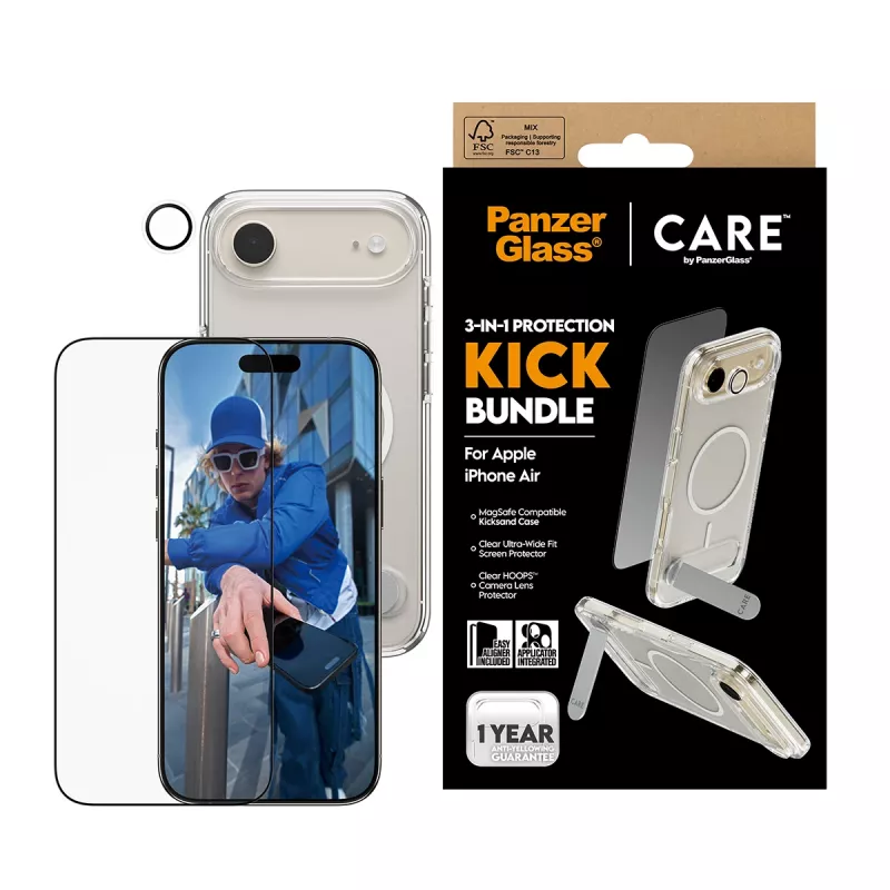 Pack de protección PanzerGlass CARE 3-in-1 Feature Kick para iPhone Air — cristal templado, PET, silicona, transparente