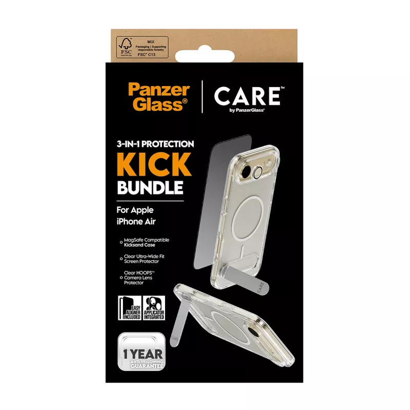Pack de protección PanzerGlass CARE 3-in-1 Feature Kick para iPhone Air — cristal templado, PET, silicona, transparente
