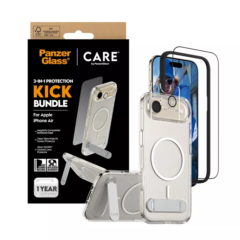 Pack de protección PanzerGlass CARE 3-in-1 Feature Kick para iPhone Air — cristal templado, PET, silicona, transparente