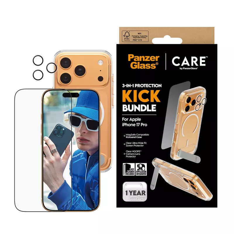 Funda protectora PanzerGlass CARE Feature Kick 3w1 para iPhone 17 con cubierta de cámara de cristal