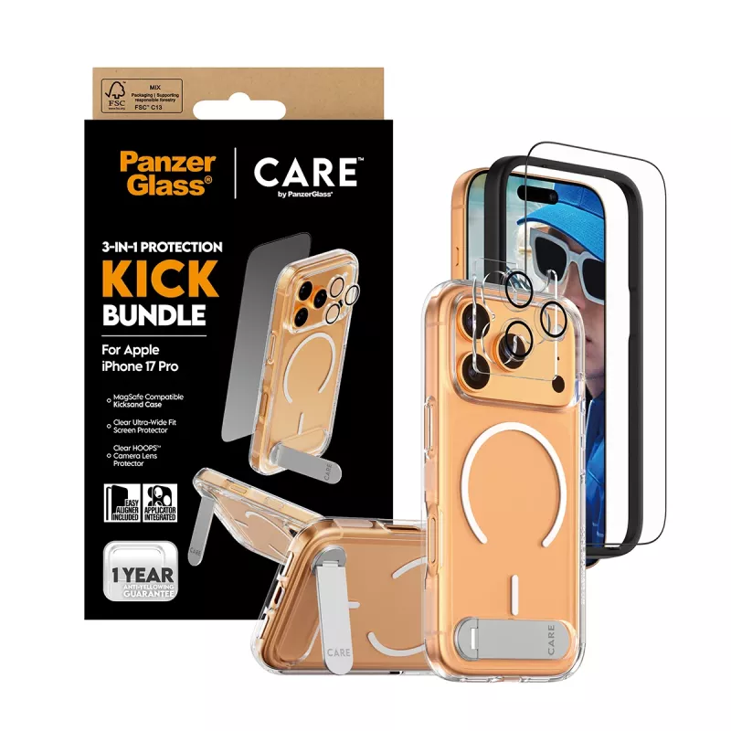 Funda protectora PanzerGlass CARE Feature Kick 3w1 para iPhone 17 con cubierta de cámara de cristal