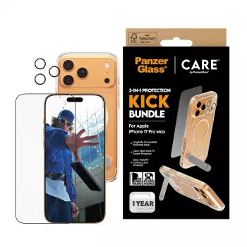 Pack de protector de pantalla y funda PanzerGlass CARE 3-in-1 Feature Kick para iPhone 17 Pro Max — cristal templado, PET, silicona, transparente