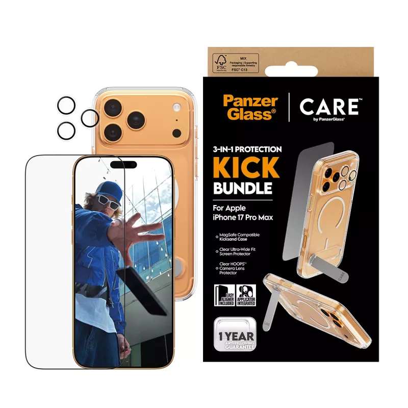 Pack de protector de pantalla y funda PanzerGlass CARE 3-in-1 Feature Kick para iPhone 17 Pro Max — cristal templado, PET, silicona, transparente
