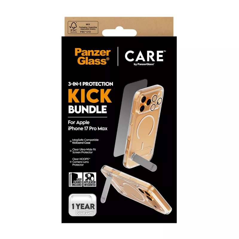 Pack de protector de pantalla y funda PanzerGlass CARE 3-in-1 Feature Kick para iPhone 17 Pro Max — cristal templado, PET, silicona, transparente