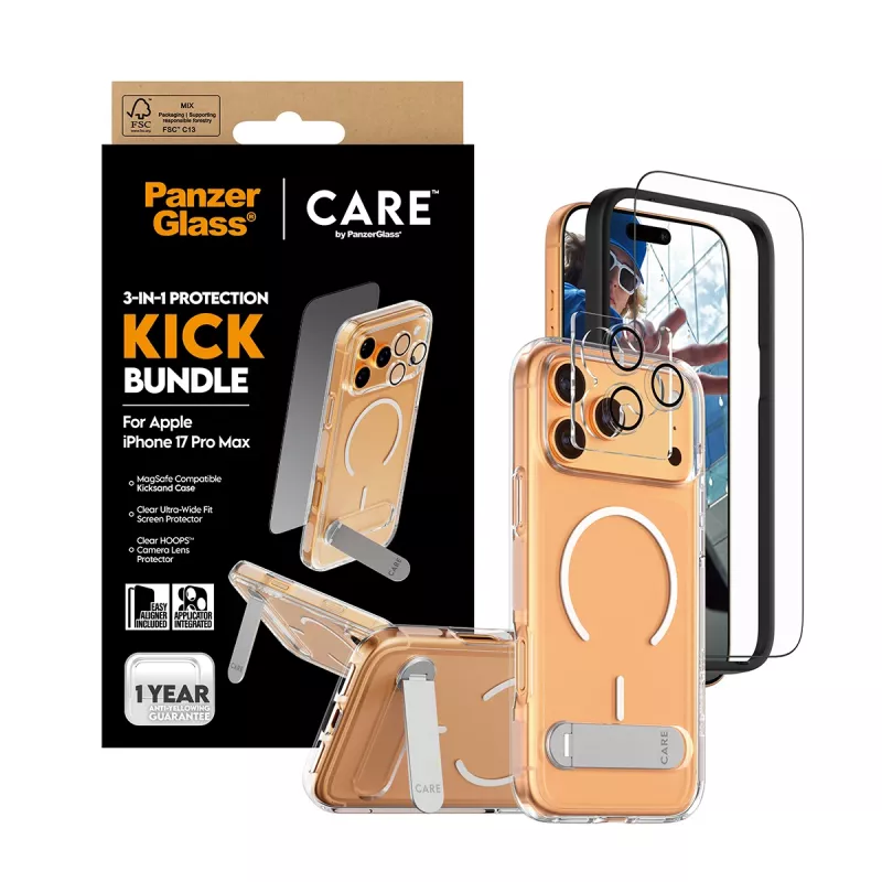 Pack de protector de pantalla y funda PanzerGlass CARE 3-in-1 Feature Kick para iPhone 17 Pro Max — cristal templado, PET, silicona, transparente