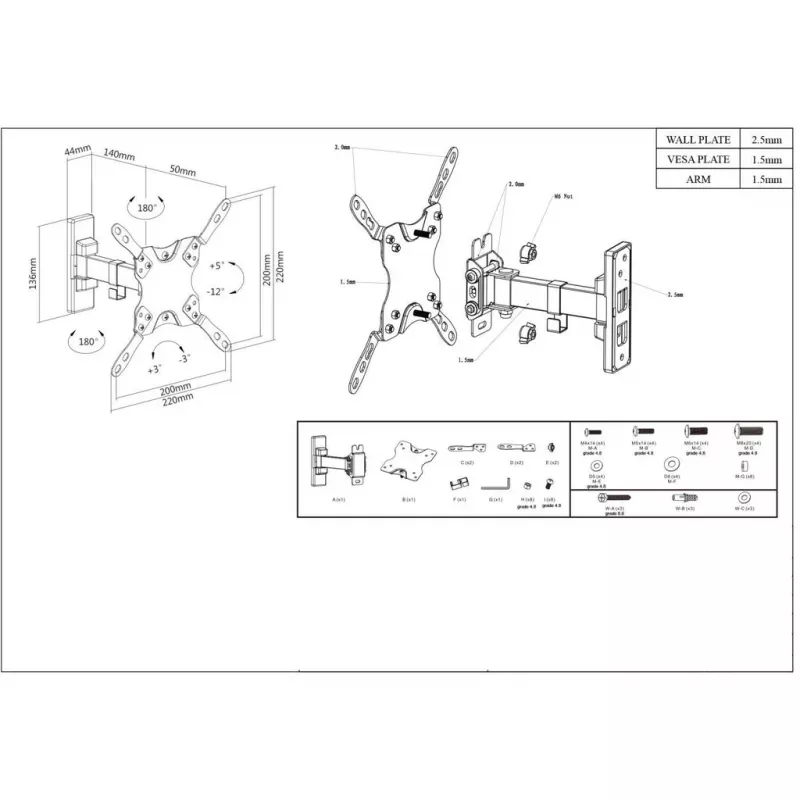 Manhattan soporte de pared para TV y monitores (inclinable y orientable, 2 articulaciones), para pantallas de 33 cm (13 inch) a 106,7 cm (42 inch), compatibilidad VESA: todas entre 75x75 mm y 200x200 mm – comprueba las dimensiones de los cuatro orificios de montaje en la parte posterior de la pantalla para asegurar la compatibilidad, máx. 20 kg, soporte