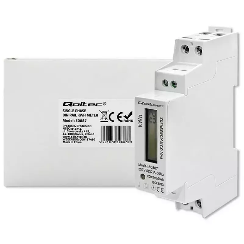 Medidor de energía monofásico QOLTEC 50887 1 fase 230V LCD delgado