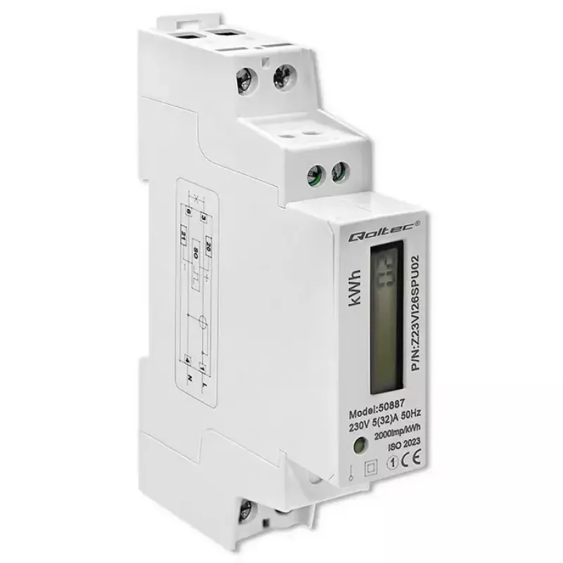 Medidor de energía monofásico QOLTEC 50887 1 fase 230V LCD delgado