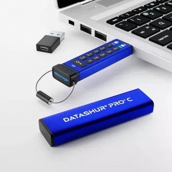 iStorage datAshur PRO+C 128GB | Certificado FIPS 140-3 Nivel 3 | Unidad USB Type-C segura | Cifrado por hardware AES-XTS de 256 bits | Protegido por PIN | Adaptador Type-C a A incluido