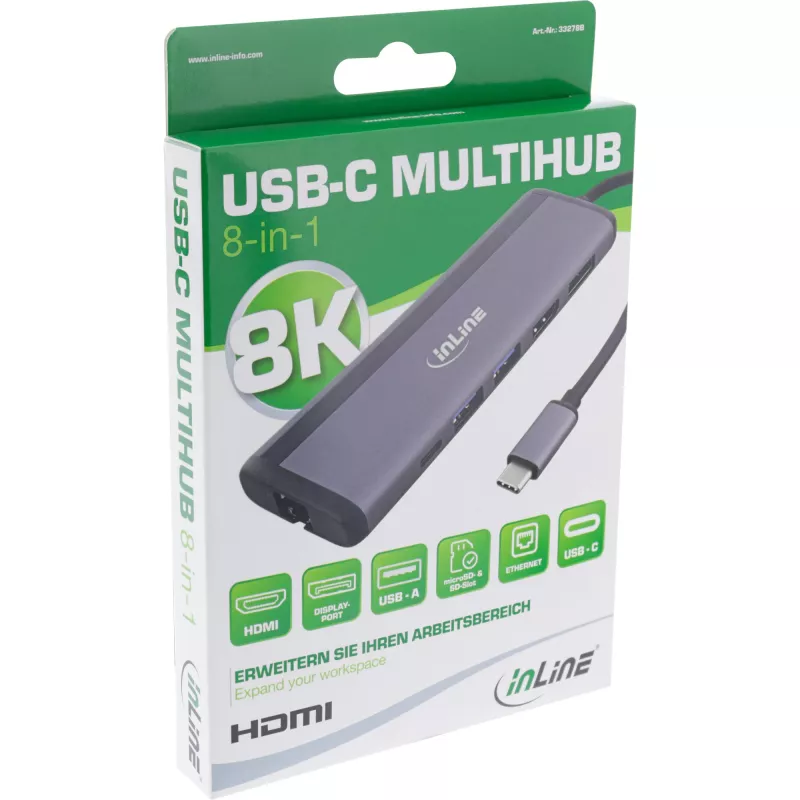 InLine multihub USB-C 8 en 1, HDMI, DP, USB 3.2, PD 3.0 100W, MST