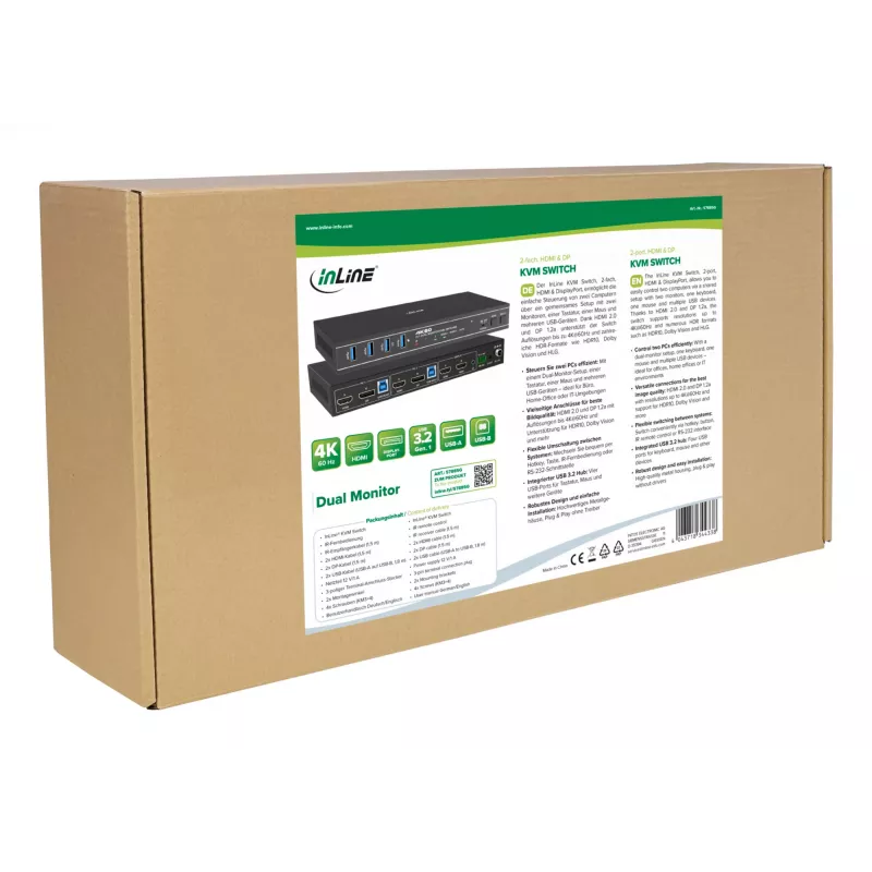 InLine 57885G Switch KVM, 2 vías, HDMI & DP, doble monitor, 4K60Hz, hub USB, negro