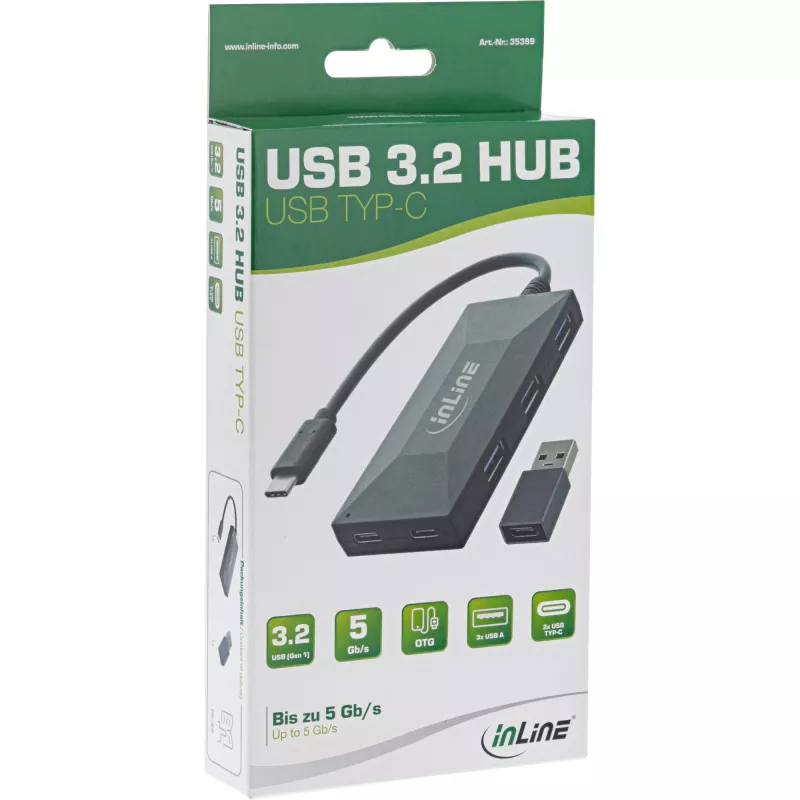 Hub InLine USB 3.2 Gen.1, USB-C a 2 puertos USB-C y 3 puertos USB-A, sin fuente de alimentación