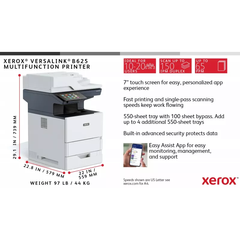 Xerox VersaLink B625 A4 61ppm dúplex copia/impresión/escaneo/fax PS3 PCL5e/6 2 bandejas de papel 650 hojas
