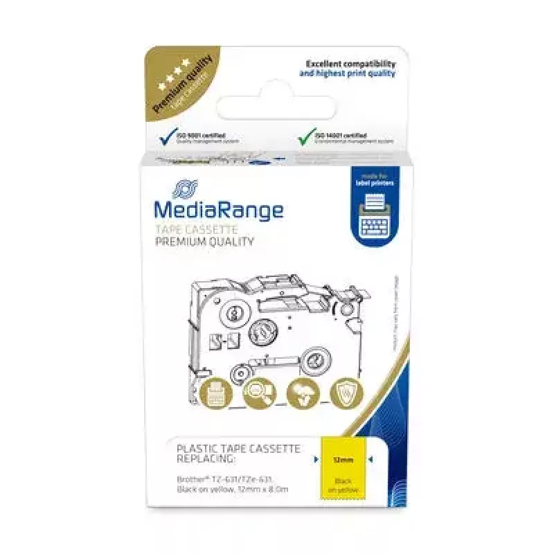 Cartucho de cinta plástica MediaRange TZ-631 12 mm negro sobre amarillo
