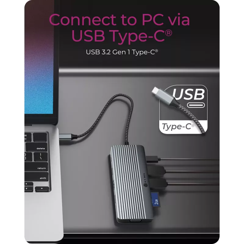 Docking station ICY BOX IB-DK4040a-CPD — 10 en 1 USB-C, HDMI 4K60Hz, VGA, 3×USB-A, Gigabit-LAN, PD 100W, SD/MicroSD, aluminio