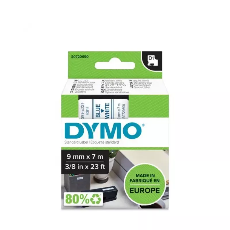 Cintas de etiquetar DYMO Authentic D1 | Texto azul sobre cinta blanca | 9 mm x 7 m | Etiquetas autoadhesivas para etiquetadoras LabelManager | Fabricadas en Europa