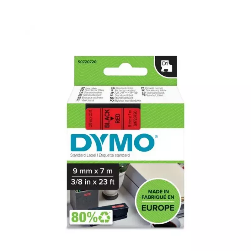 Etiquetas DYMO Authentic D1 | Impresión negra sobre cinta roja | 9 mm x 7 m | Etiquetas autoadhesivas para impresoras de etiquetas LabelManager | Fabricadas en Europa