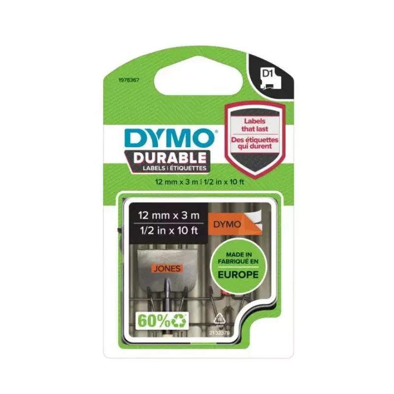 Etiquetas duraderas DYMO Authentic D1 | Impresión negra sobre cinta naranja | 12 mm x 3 m | Cinta de etiquetas de alto rendimiento para impresoras de etiquetas LabelManager