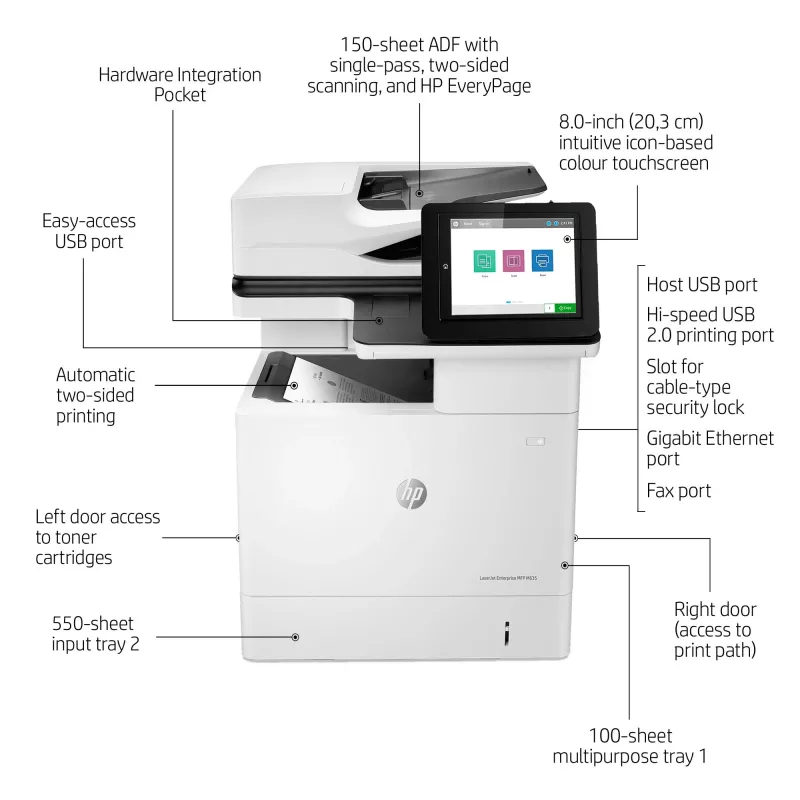 HP LaserJet Enterprise MFP M635h, láser, impresión mono, 1200 x 1200 DPI, copia mono, A4, negro, blanco