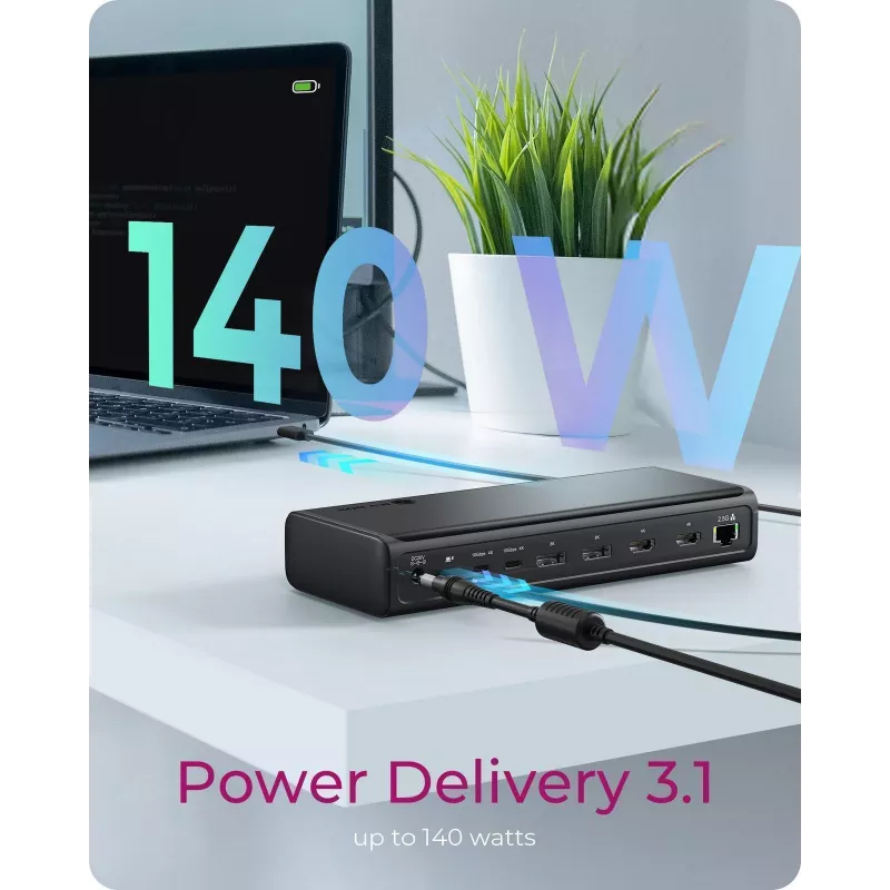 Base de conexión ICY BOX IB-DK7401-CU31 USB-C 17 en 1, 6 salidas de vídeo, 8K, DisplayLink, USB 3.2 Gen 2, 140 W PD 3.1, 2,5 GbE, SD/microSD, negra
