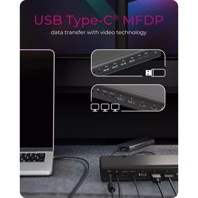 Base de conexión ICY BOX IB-DK7401-CU31 USB-C 17 en 1, 6 salidas de vídeo, 8K, DisplayLink, USB 3.2 Gen 2, 140 W PD 3.1, 2,5 GbE, SD/microSD, negra