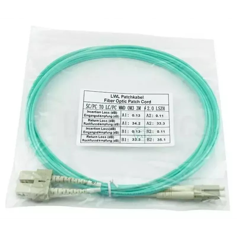 BlueOptics 055702K512000030M-BO Cable de conexión de fibra óptica dúplex, LC/UPC a SC/UPC, OM3 50/125 µm, 30 m, beige