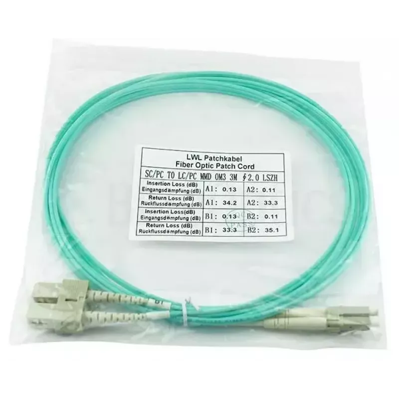BlueOptics 055702K512000050M-BO Cable de conexión de fibra óptica dúplex, LC/UPC a SC/UPC, OM3 50/125 µm, 50 m, beige