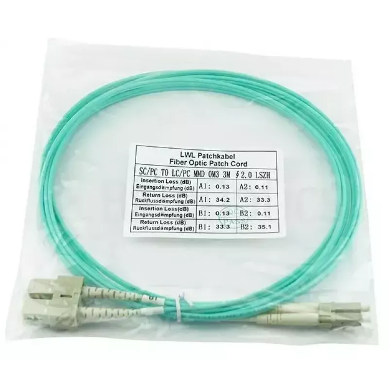 BlueOptics 055702T512000020M-BO Cable de conexión de fibra óptica dúplex, LC/UPC a SC/UPC, OM3 50/125 µm, 20 m, beige