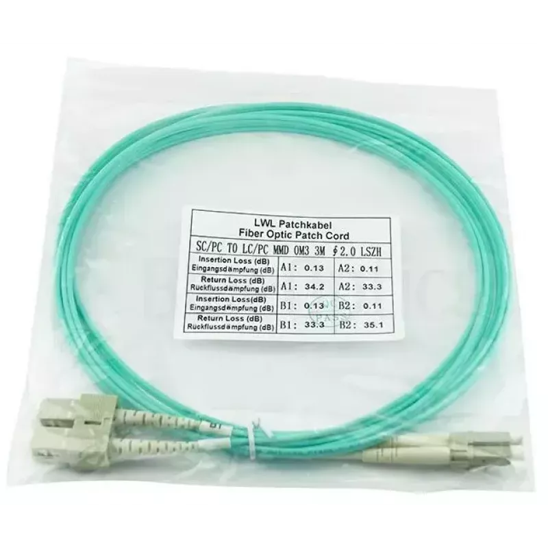 BlueOptics 055702T512000030M-BO Cable de conexión de fibra óptica dúplex, LC/UPC a SC/UPC, OM3 50/125 µm, 30 m, beige