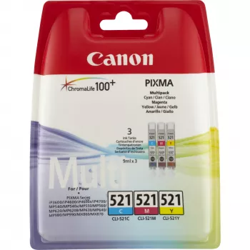 Multipack de cartuchos de tinta Canon CLI-521 C/M/Y, Cian, Magenta, Amarillo, tinta pigmentada, 3 uds.