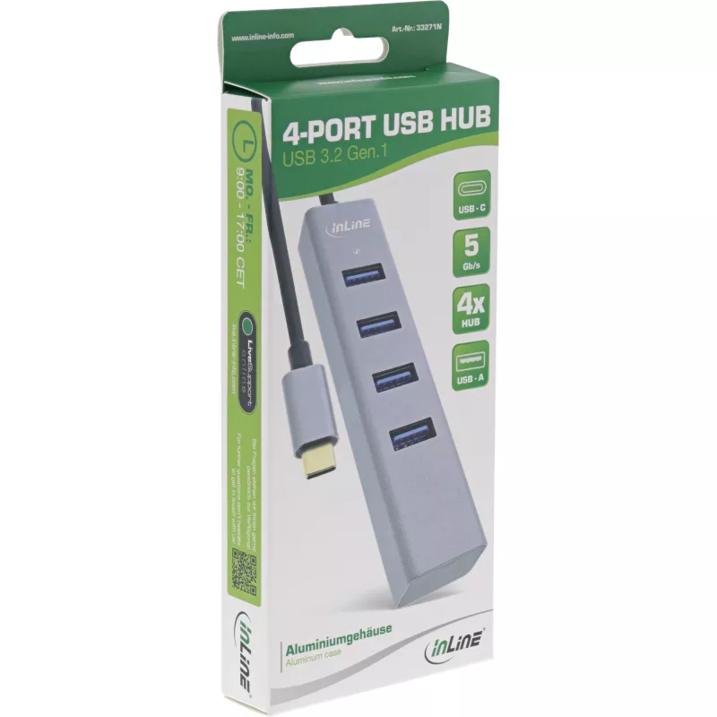 Hub múltiple InLine USB-C 3.2 (4x USB-A 5 Gb/s), OTG, carcasa de aluminio