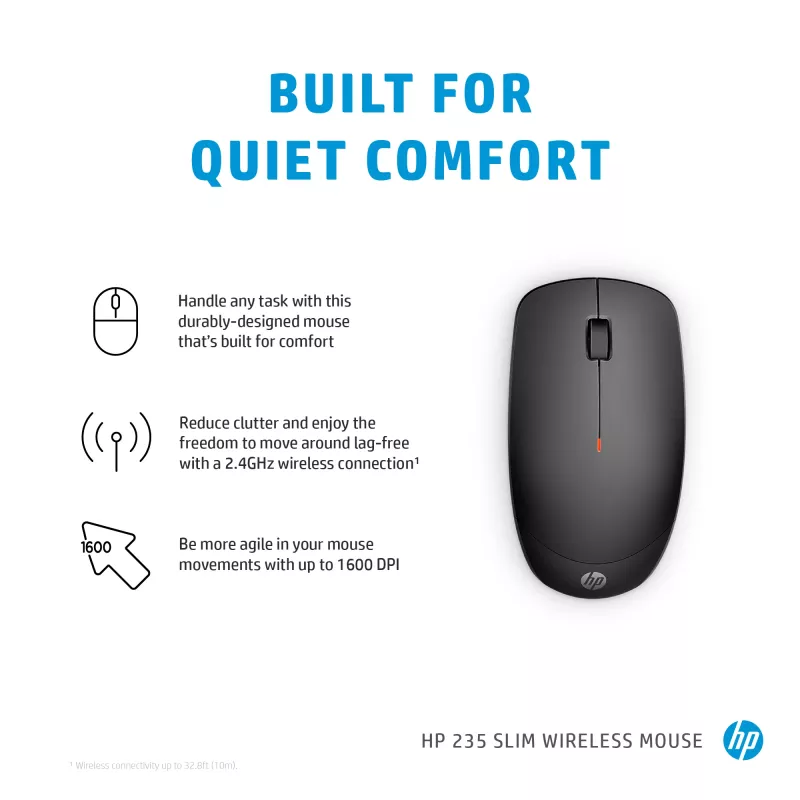 HP 235 ratón inalámbrico delgado, ambidiestro, óptico, RF Wireless, 1600 DPI, negro
