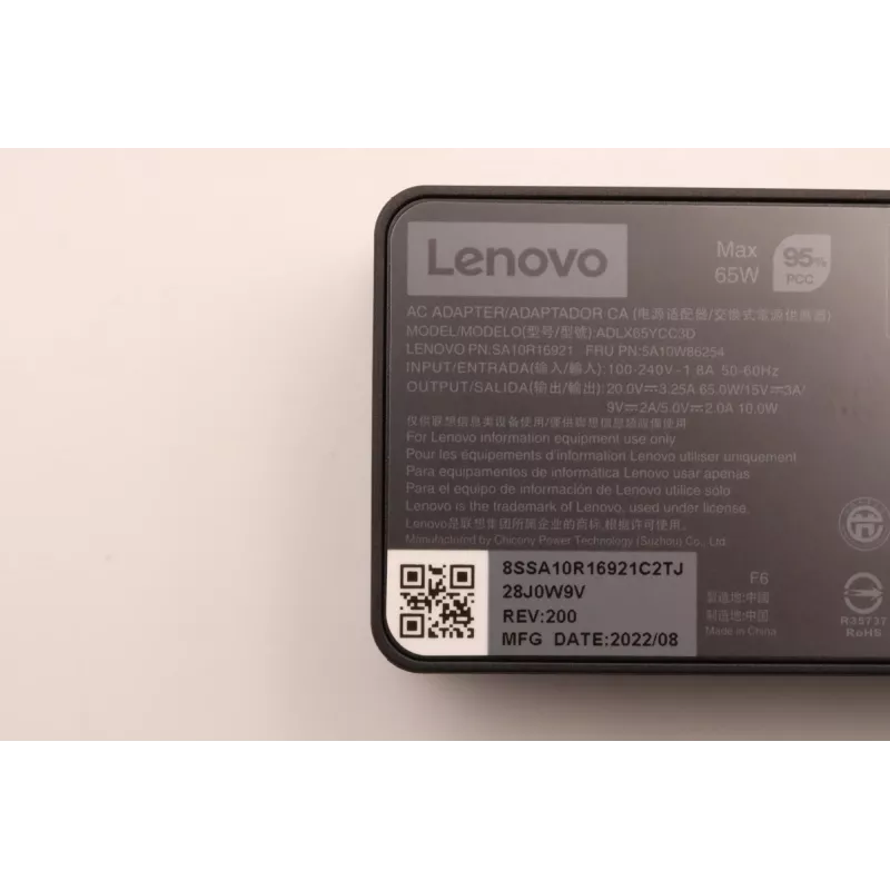 Fuente de alimentación 65W USB Type-C Lenovo 5A10W86254 — fuente de alimentación USB-C de 65W para portátiles y dispositivos compatibles