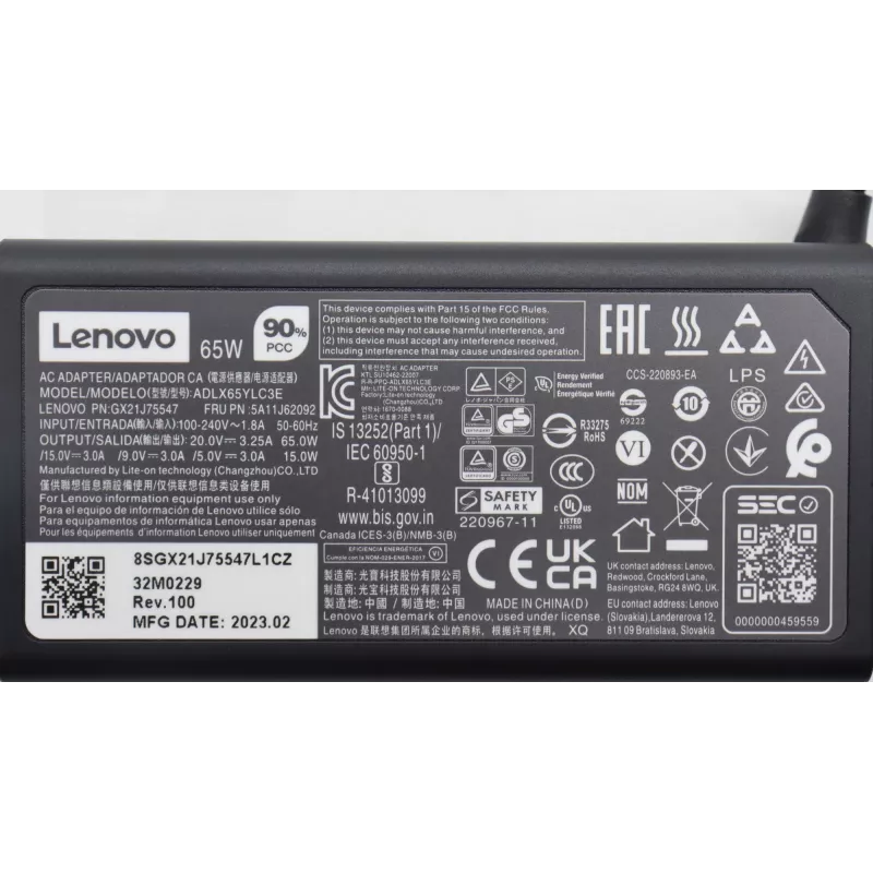 Fuente de alimentación Lenovo 65W cargador USB-C 5A11J62092 para portátiles y dispositivos USB-C