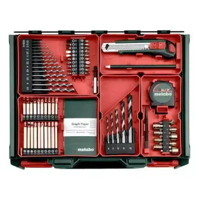 Metabo BS 18 Set 602207710 taladro atornillador inalámbrico, 18 V, 2 baterías Li-Ion de 2,0 Ah, maletín + 74 accesorios, verde/negro