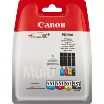 Cartuchos de tinta Canon CLI-551 BK/C/M/Y multipack, rendimiento estándar, negro, cian, magenta, amarillo, 4 unidades, multipack