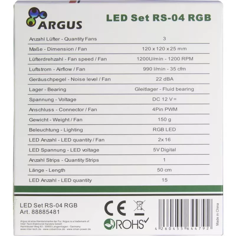 Inter-Tech Argus RS-04 set de ventiladores RGB, 3x 120 mm con tira LED de 50 cm y mando a distancia, negro